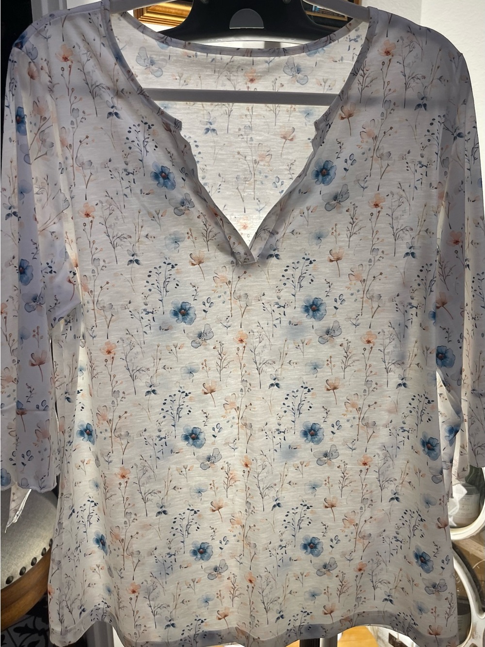 Women's White Floral V-Neck Blouse with Blue and Peach Accents